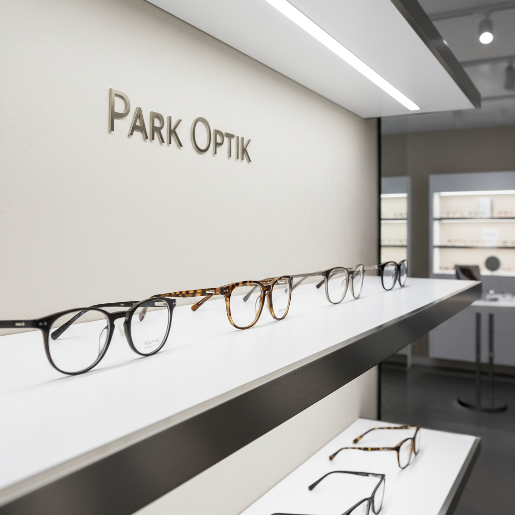 A meticulously arranged display of premium eyeglass frames in a modern optical store, each frame made of polished acetate and lightweight titanium in subtle neutral tones like charcoal, tortoiseshell, and matte silver. They rest on a flawless white lacquer shelf with fine brushed metal edge details, against a softly lit wall featuring a refined “Park Optik” logo in understated lettering. Cool, diffused gallery-style ceiling lights bathe the scene, creating crisp reflections in the lenses and gentle shadows beneath each frame. Captured at eye level in photographic realism with a shallow depth of field, the front row of frames is in razor-sharp focus while the background softly blurs, conveying a professional, elegant, and trustworthy atmosphere ideal for a leading optical business.