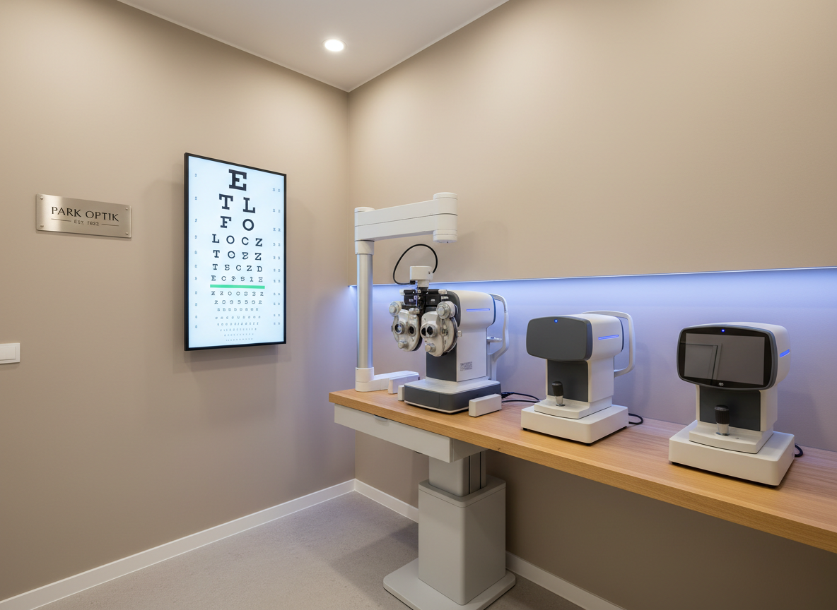 A state-of-the-art optical examination room featuring a sleek digital phoropter, an advanced autorefractor, and a high-resolution lensmeter arranged in a spotless, well-organized layout. The equipment is predominantly white and graphite gray with subtle blue indicator lights, positioned on a smooth, light oak workstation. The walls are painted in a calm, neutral tone with a small, discreet Park Optik plaque mounted near an illuminated eye chart. Soft, even overhead lighting and a subtle strip of indirect LED lighting behind the machines create a clean, clinical yet welcoming atmosphere. Photographic realism, shot from a slightly elevated wide angle with sharp focus throughout, emphasizes precision, professionalism, and the reliability of a long-established optical clinic.