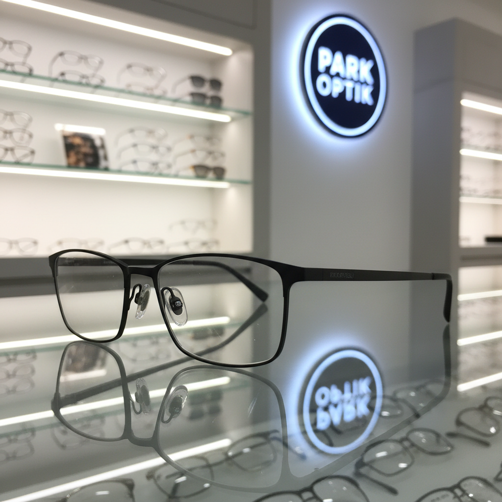 A close-up photographic view of a single high-end eyeglass frame placed carefully on a reflective glass counter in a spotless optical shop. The frame is crafted from matte black titanium with ultra-thin temples and precision-engineered hinges, its clear, anti-reflective lenses catching subtle reflections of the showroom. Behind it, softly blurred shelves display an organized gradient of other frames by color and material. Cool white overhead LED lighting creates clean highlights along the metal edges and a crisp, professional feel, while a faint glow from an illuminated Park Optik sign adds branding in the distance. Shot from a slightly low, side angle with a minimalist composition, the image radiates reliability, technical quality, and 20 years of expertise.