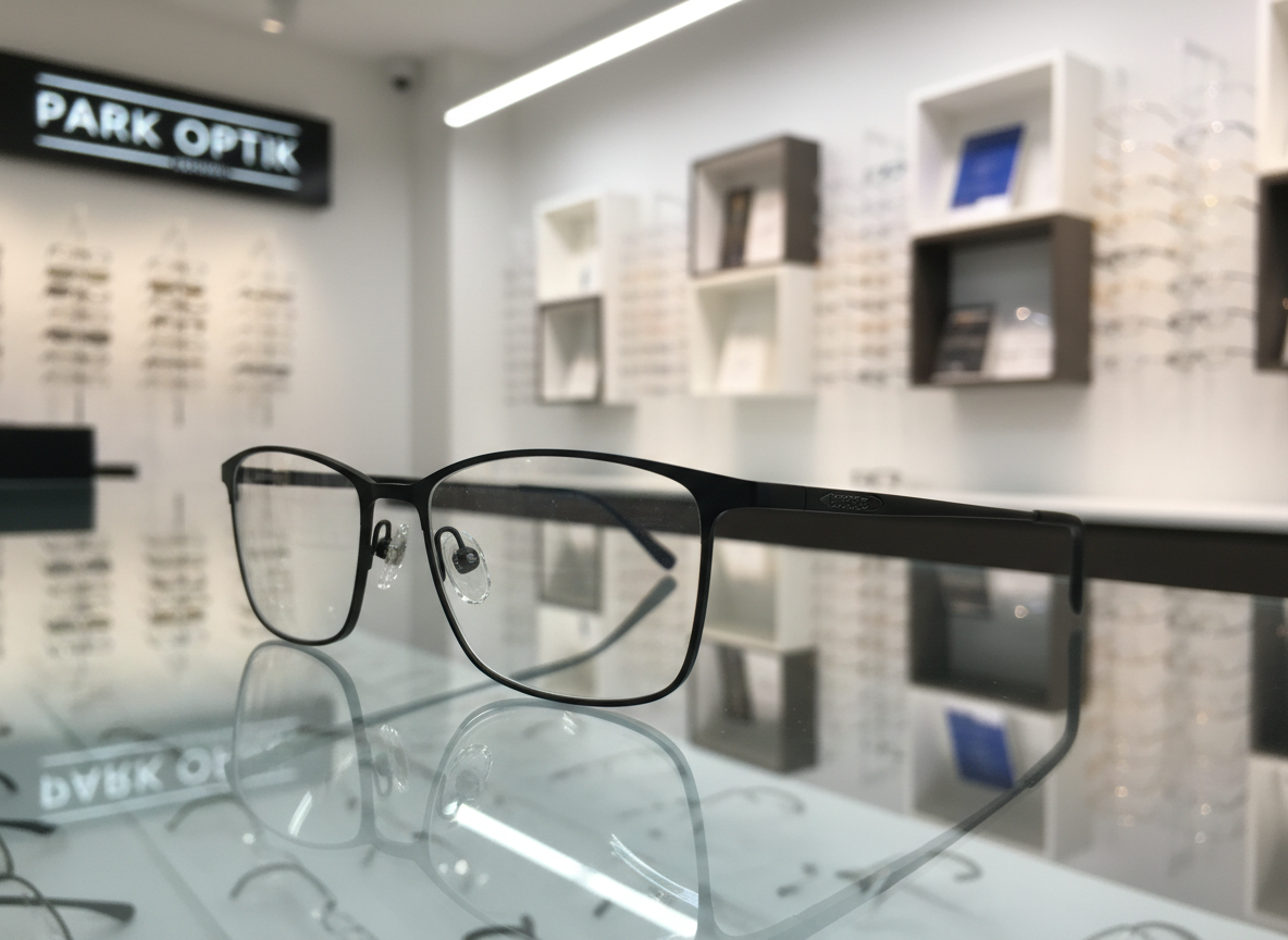 A close-up photographic view of a single high-end eyeglass frame placed carefully on a reflective glass counter in a spotless optical shop. The frame is crafted from matte black titanium with ultra-thin temples and precision-engineered hinges, its clear, anti-reflective lenses catching subtle reflections of the showroom. Behind it, softly blurred shelves display an organized gradient of other frames by color and material. Cool white overhead LED lighting creates clean highlights along the metal edges and a crisp, professional feel, while a faint glow from an illuminated Park Optik sign adds branding in the distance. Shot from a slightly low, side angle with a minimalist composition, the image radiates reliability, technical quality, and 20 years of expertise.