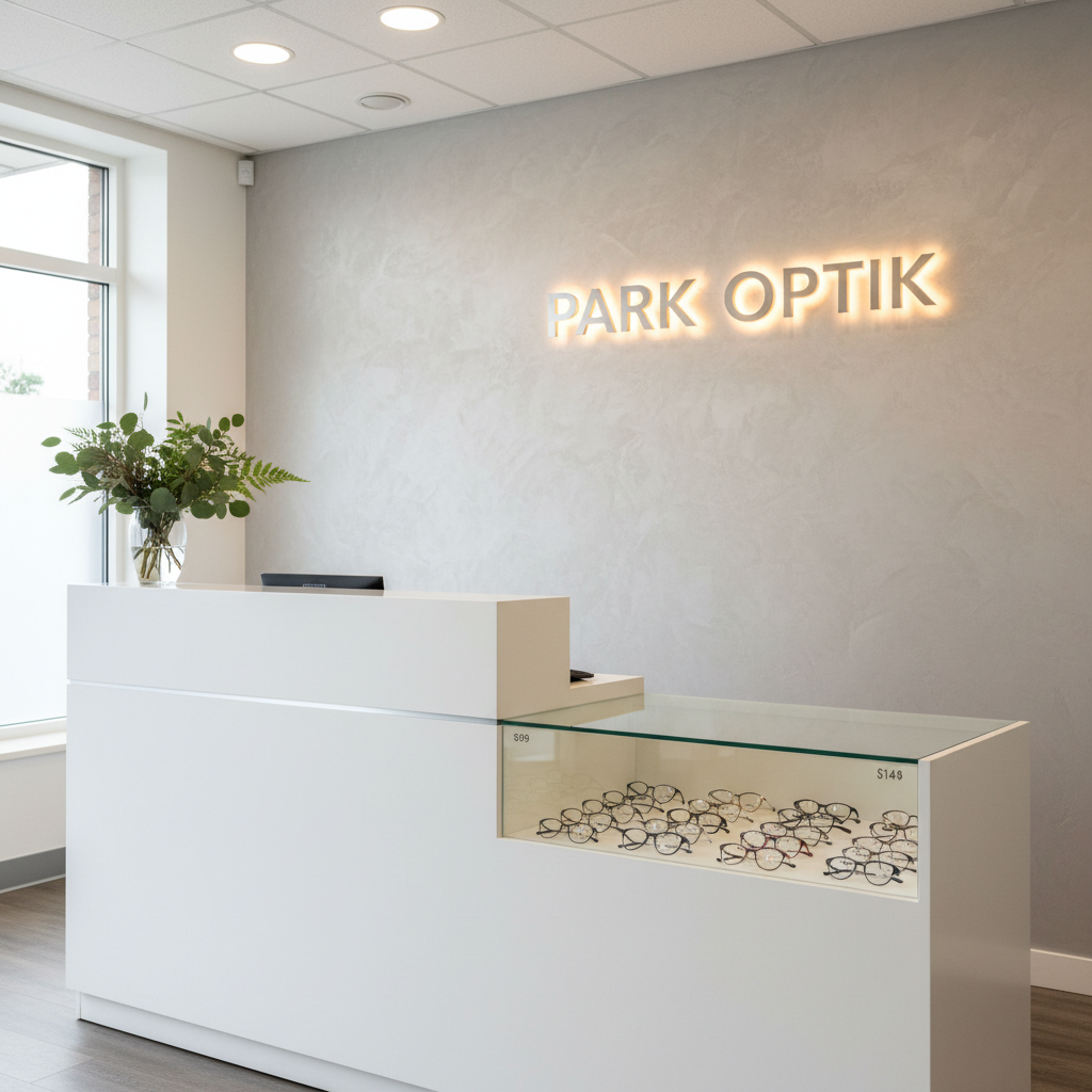 A welcoming front counter of Park Optik captured in photographic realism, showcasing a minimalist white reception desk with a subtle satin finish and a small arrangement of green foliage in a simple glass vase. A polished glass display case built into the counter reveals a curated selection of best-value frames with discreet price tags, emphasizing affordability and quality. Behind the desk, a textured light-gray wall features the Park Optik logo in brushed steel letters, softly backlit. Balanced, warm-white ceiling lighting combines with gentle daylight from a side window, creating a bright, inviting atmosphere. Photographed at eye level with a wide but uncluttered composition and gentle depth of field, the scene communicates professionalism, trust, and long-term dedication to customer care.