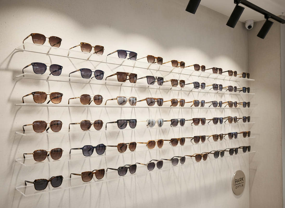 A stylish wall of sunglasses in an optical boutique, each pair neatly aligned on slim, transparent acrylic shelves that appear to float against a light concrete-textured wall. The sunglasses vary from classic aviator styles in brushed gold metal to modern square frames in glossy deep navy and warm brown gradient lenses, all impeccably crafted. Directional track lighting above casts focused beams, creating elegant highlights on the lenses and soft, elongated shadows on the wall. A small, tastefully integrated Park Optik emblem sits in one corner of the display. Captured in photographic realism at a three-quarter angle using the rule of thirds, the image feels contemporary, aspirational, and professional while showcasing variety and quality at accessible prices.